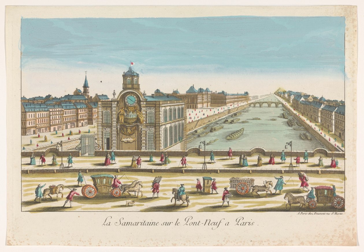 Udsigt over vandpumpen Samaritaine på Pont Neuf over floden Seinen i Paris La Samaritaine sur le Pont Neuf a Paris (titel på objektet) af Jean François Daumont