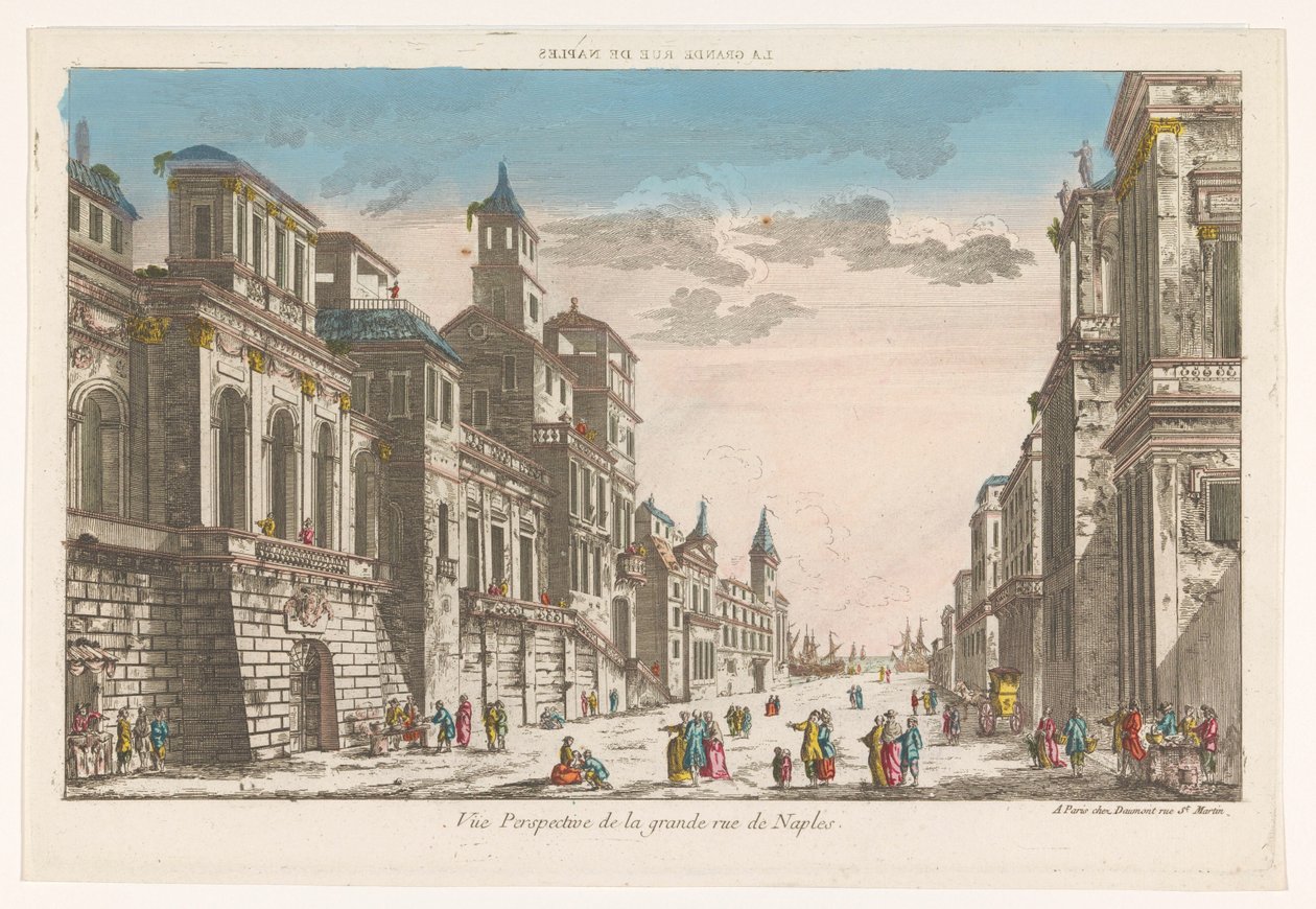 Udsigt over en gade mod havet i Napoli La grande rue de Naples (titel på objektet) af Jean François Daumont