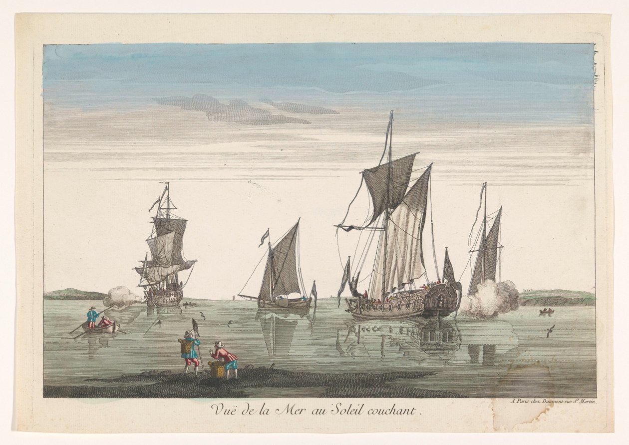 Havlandskab med skibe og både ved solnedgang Vue de la mer au soleil couchant (titel på objekt) af Jean François Daumont