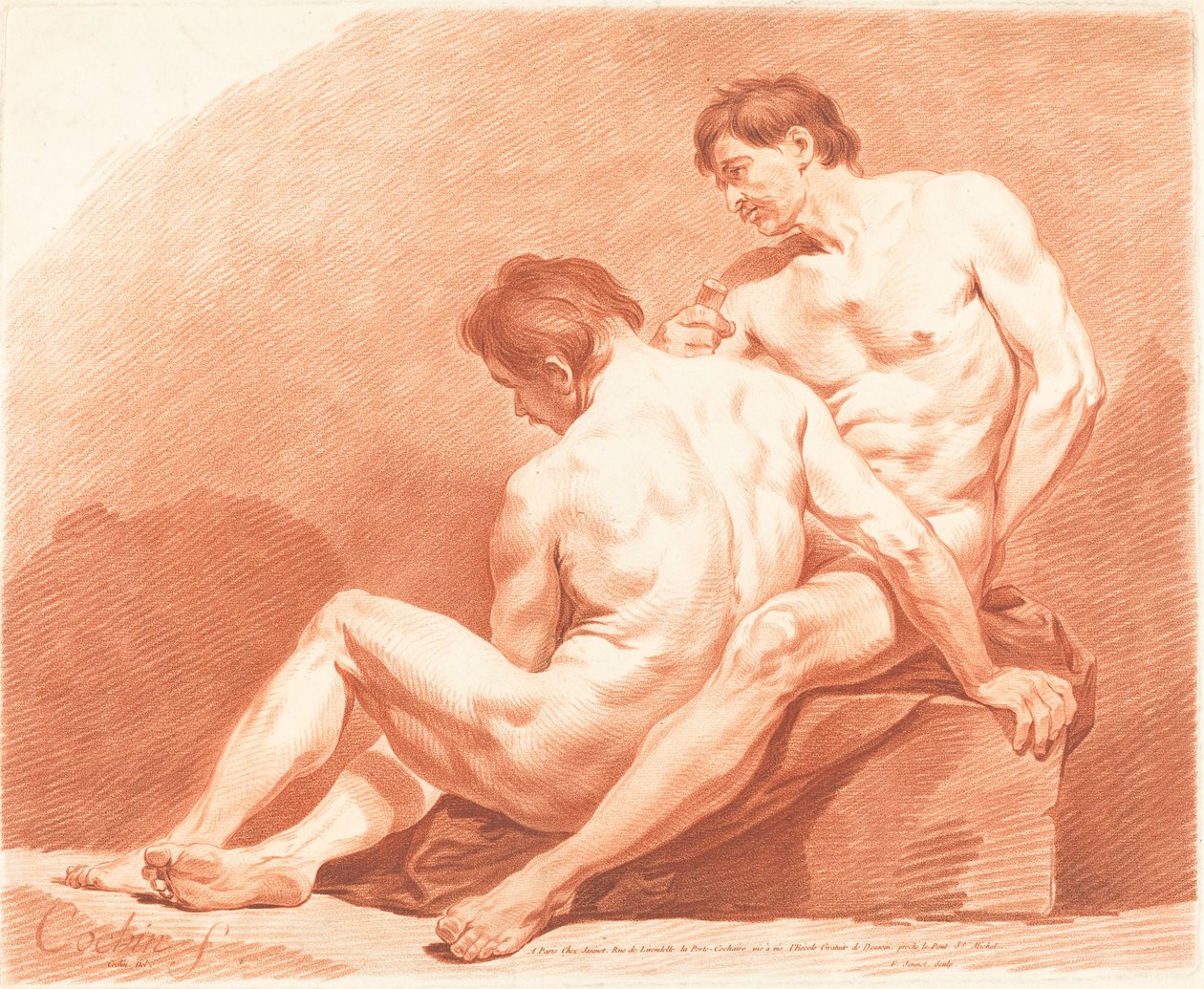 To mandlige nøgenbilleder af Jean François Janinet after Charles Nicolas Cochin the Younger