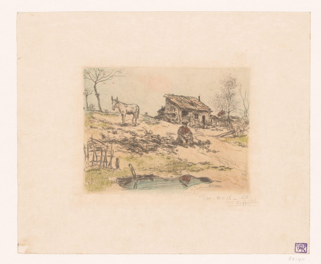 Landskab med mand og æsel ved hytte La cabane du chiffonnier af Jean François Raffaëlli (signed by artist)