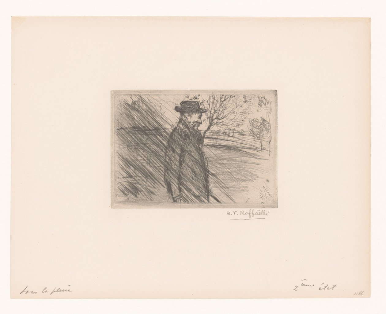 Mand med hat i regnen Sous la pluie af Jean François Raffaëlli (signed by artist)