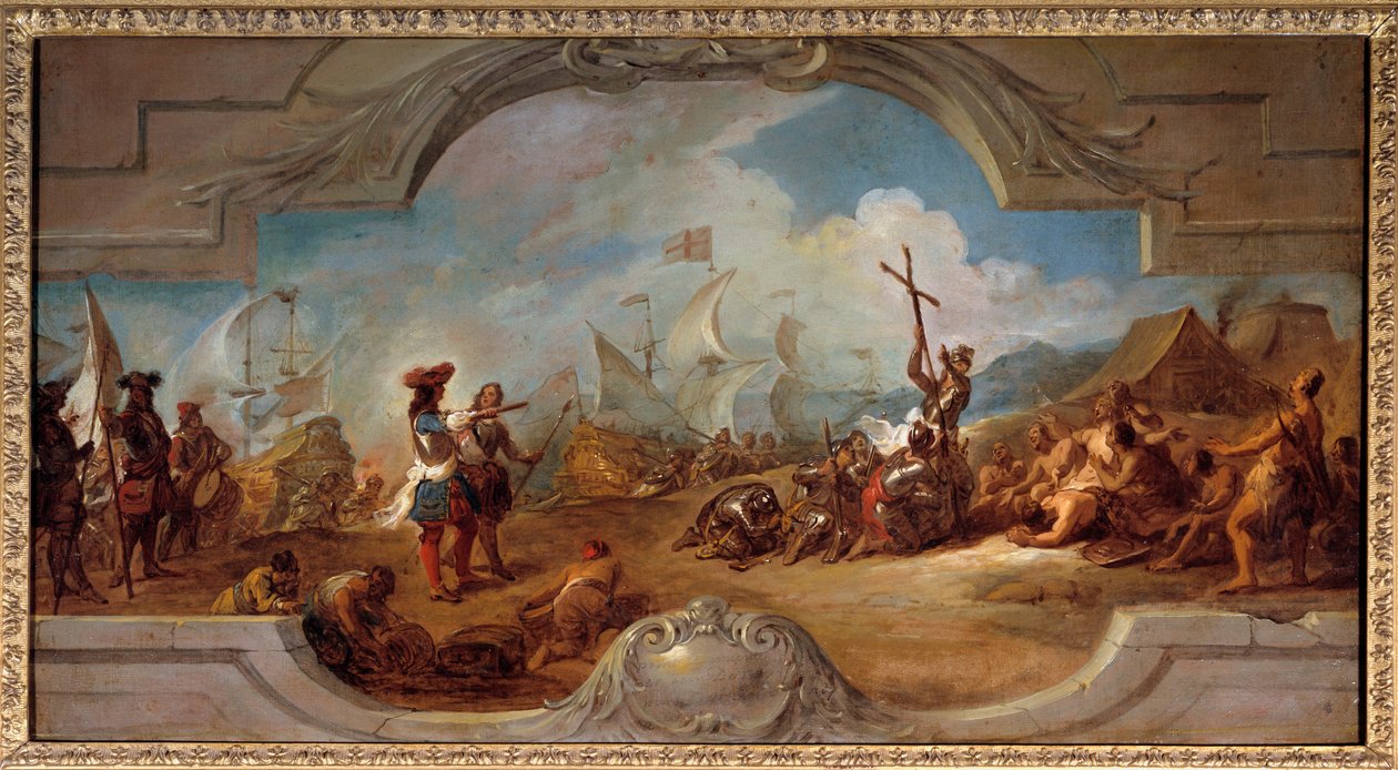 Christopher Columbus i Amerika (malerprojekt på loftet). 1492. Maleri af Jean Francois De Troy (1679-1752) af Jean François de Troy