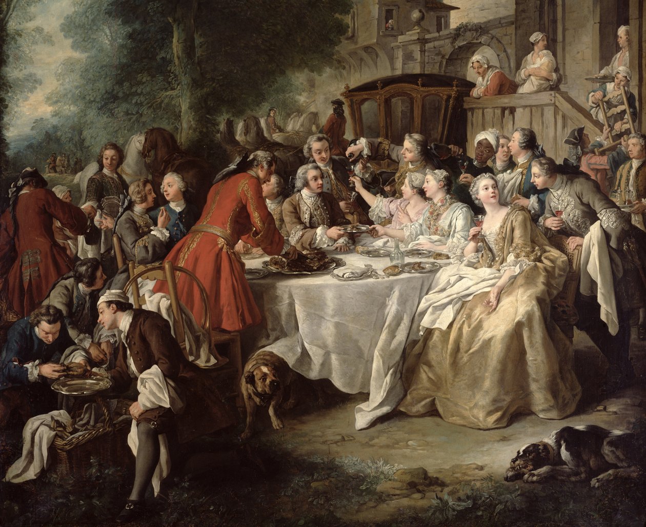 The Hunt Lunch, detalje af spisende gæster, 1737 af Jean François de Troy