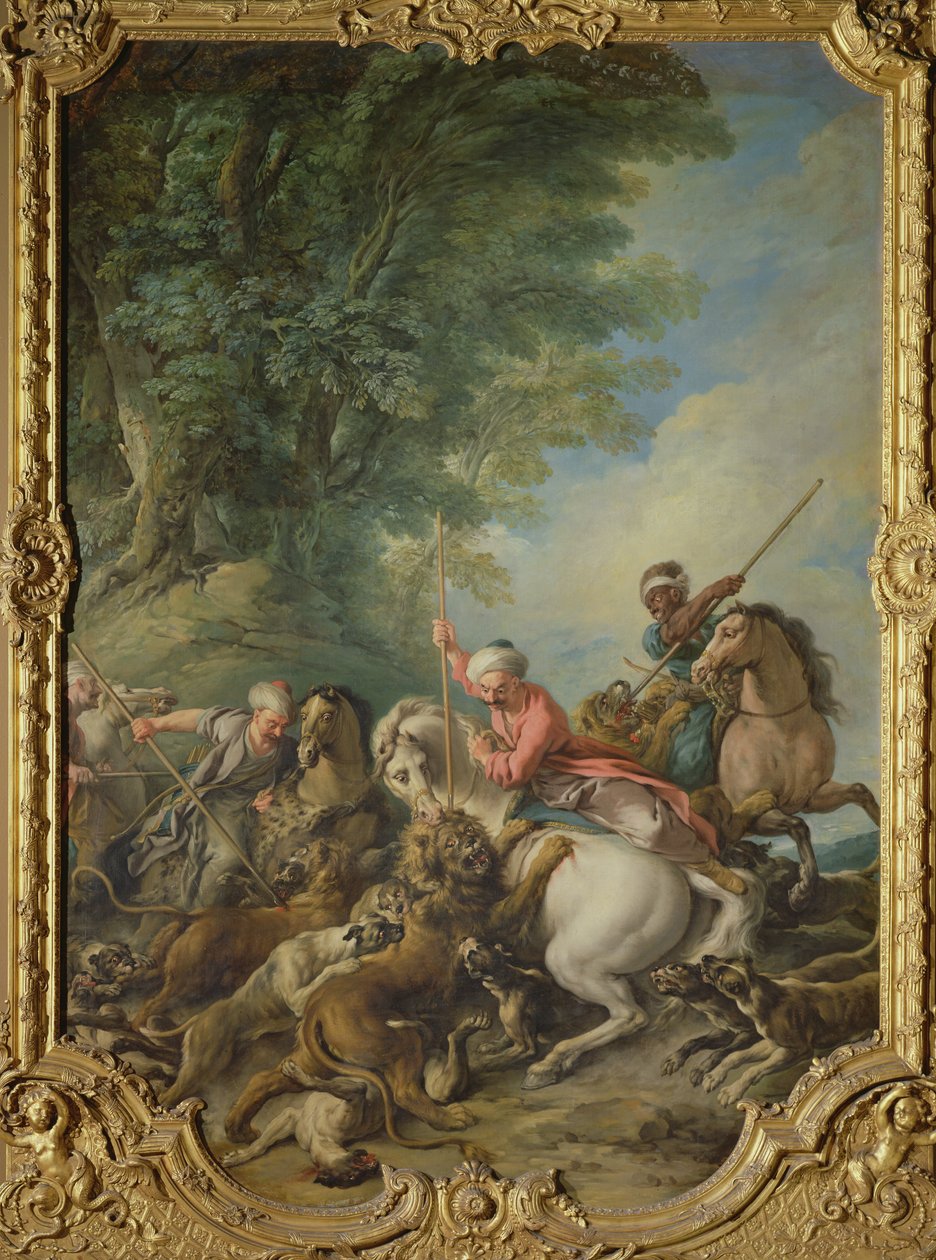 Turks Hunting Lions (olie på lærred) af Jean François de Troy
