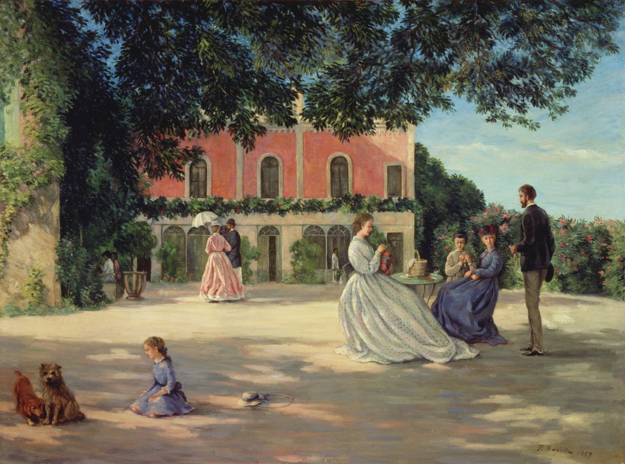 Familiesammenkomst på terrassen ved Meric af Jean Frederic Bazille