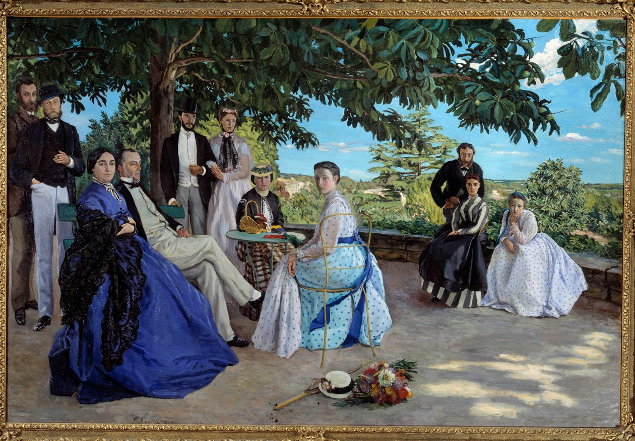 Familiemøde: portræt af en fransk borgerskabsfamilie samlet i en have. Fra venstre mod højre: Jean Frederic Bazille, hans onkel Monsieur des Hours, hans mor og far, hans kusine Pauline og hendes mand Monsieur Teulon, hans tante Madame des Hours og af Jean Frederic Bazille
