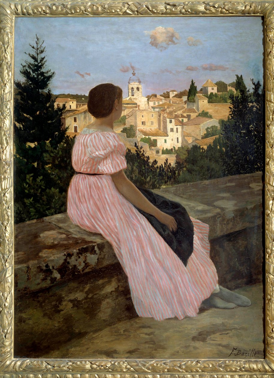 Pink kjole eller udsigt over Castelnau le Lez (eller Castelnau-le-Lez, Herault). Portræt af kunstnerens niece, Therese des Hours. Maleri af Jean Frederic Bazille (1841-1870) 1864 søn. 1,4x1,1 m. Olie på lærred. Paris, musee d