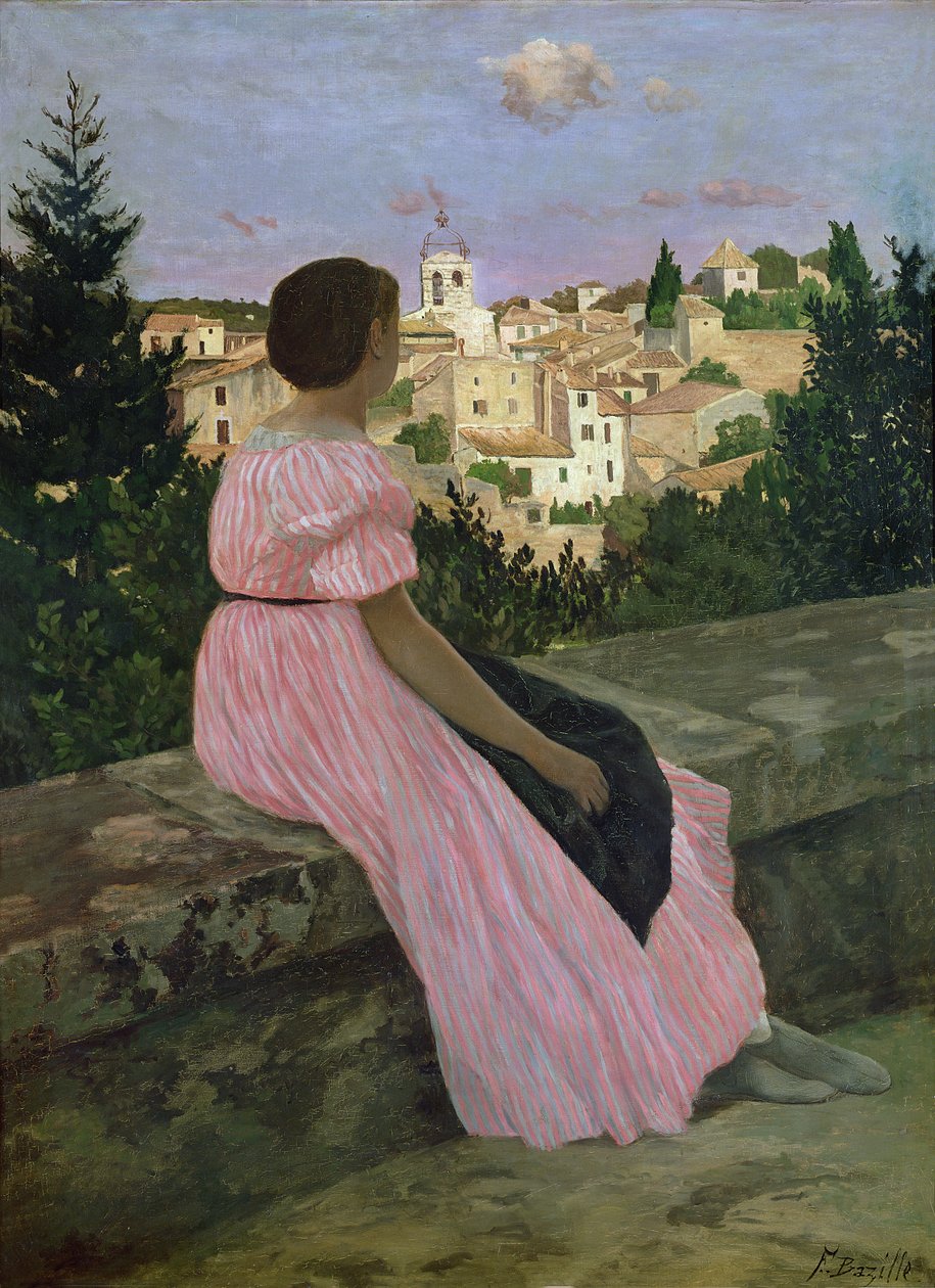 Den lyserøde kjole eller udsigt over Castelnau-le-Lez, Herault, 1864 af Jean Frederic Bazille