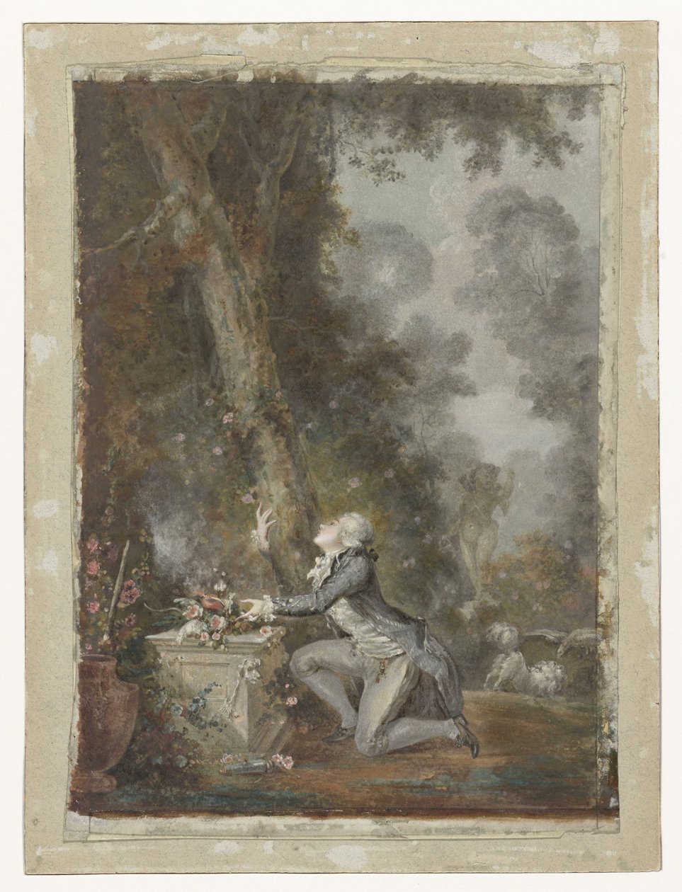 Ung mand knæler ved et kærlighedens alter i en have af Jean Frederic Schall