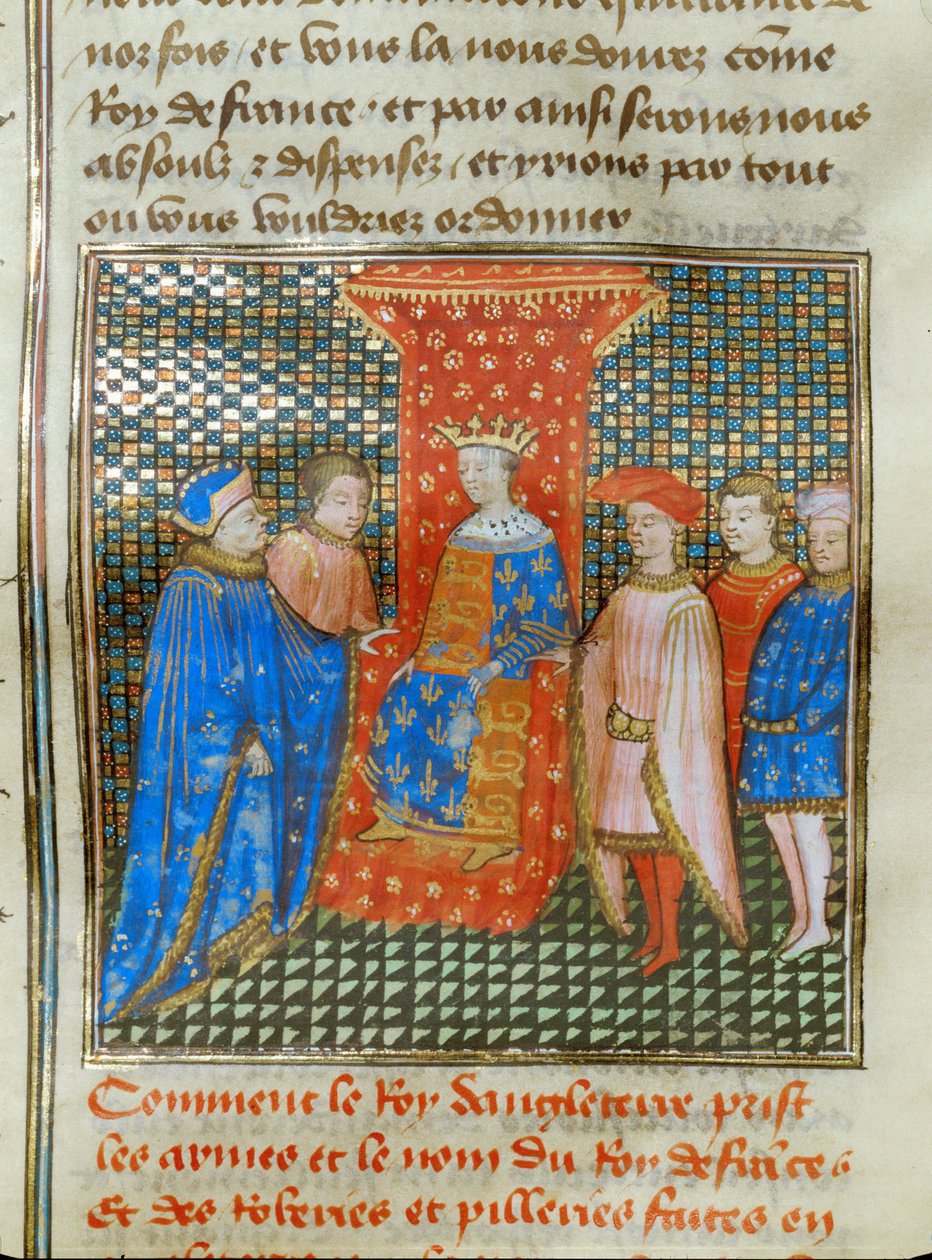 Den engelske kong Edward III sidder på sin trone, klædt i en tunika med engelske og franske emblemer, og lytter til en tale af Robert af Artois ... af Jean Froissart