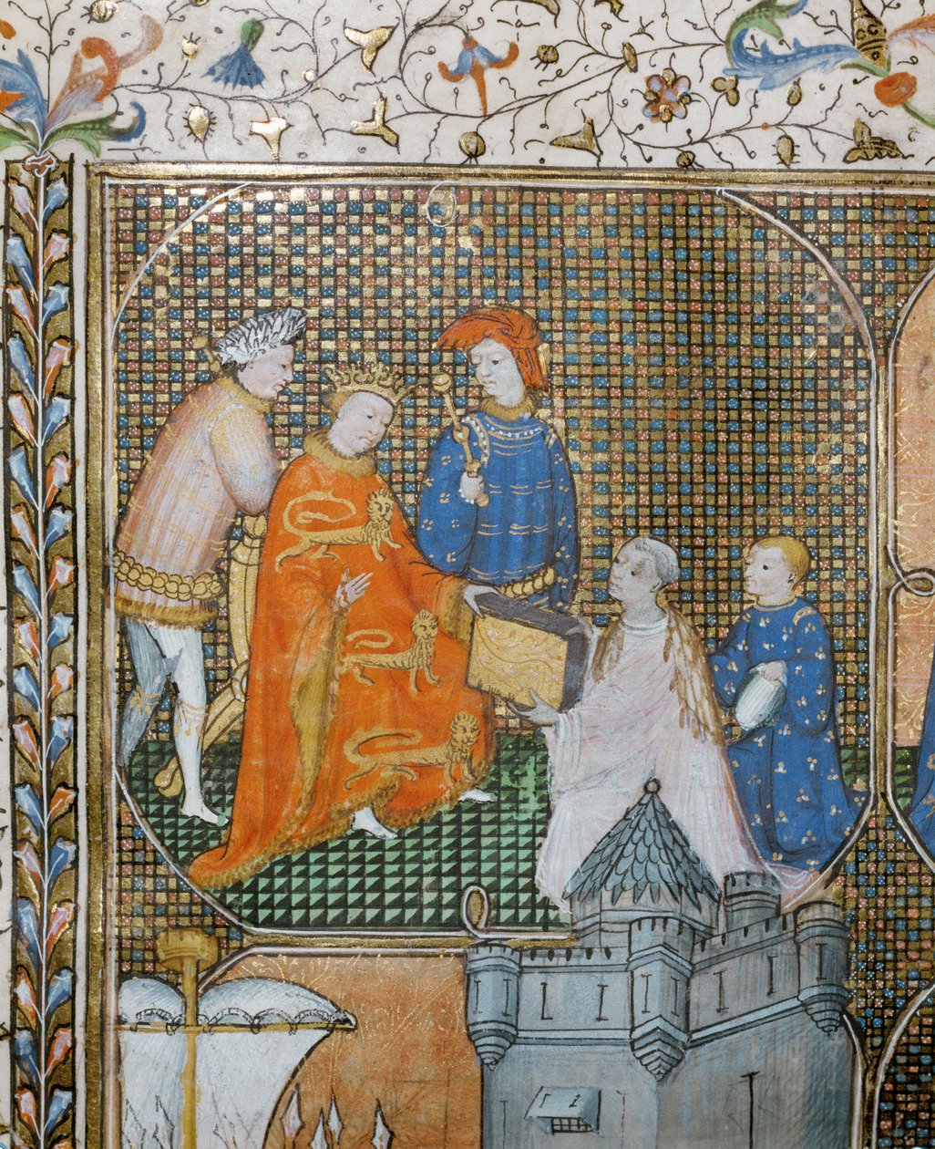 Historikeren Froissart præsenterer på sine knæ, klædt i klerikale gevandter, sin krønike om Hundredårskrigen for Edward III ... af Jean Froissart