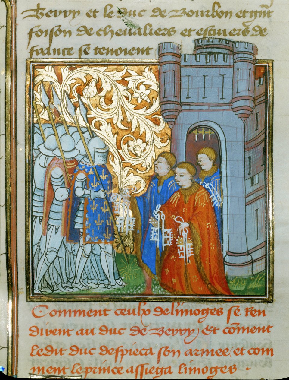Tre dommere fra Limoges i festlige gevandter overrækker byens nøgler til hertugen af Berry ... af Jean Froissart