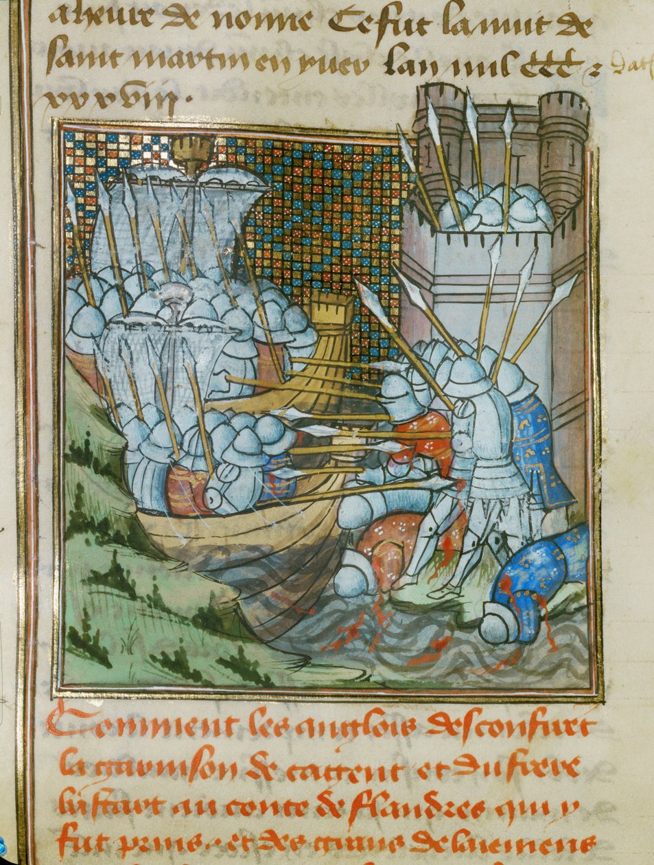 To engelske skibe med soldater i rustninger og med lanser angriber havnen i Cadsand i Flandern ... af Jean Froissart