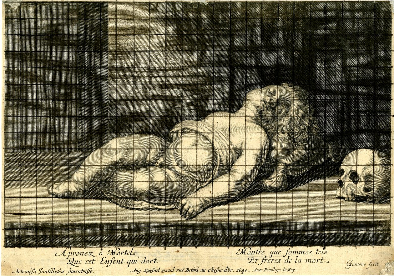 Jean Ganière - Barn sover med hovedet hvilende på en pude; kranium til højre. 1640 af Jean Ganière