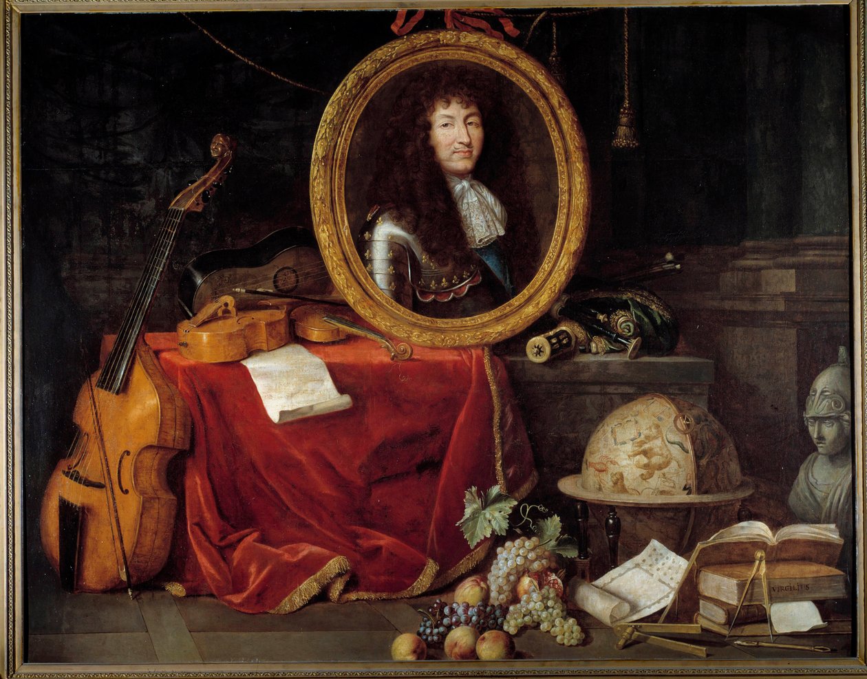 Portræt af Louis XIV, konge af Frankrig (1638-1715), protektor for kunst og videnskab Portrættet af kongen er omgivet af musikinstrumenter (viola de gamba, violinguitar) og videnskabelige instrumenter (firkant, himmelglob, kompas). Maleri af Jean Ga af Jean Garnier