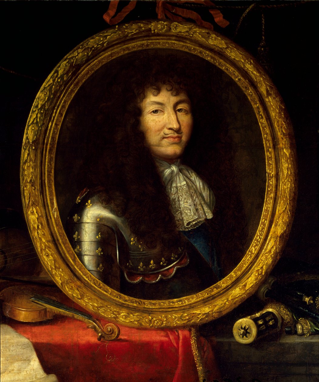 Portræt af Louis XIV, konge af Frankrig (1638-1715), protektor for kunst og videnskab Portrættet af kongen er omgivet af musikinstrumenter (viola de gamba, violinguitar) og videnskabelige instrumenter (firkant, himmelglob, kompas). Detalje. Maler af af Jean Garnier