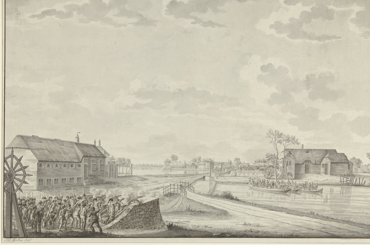 Preussernes angreb under oberst Van Brush på Duivendrecht-broen, 1. oktober 1787 af Jean George Teissier (signed by artist)