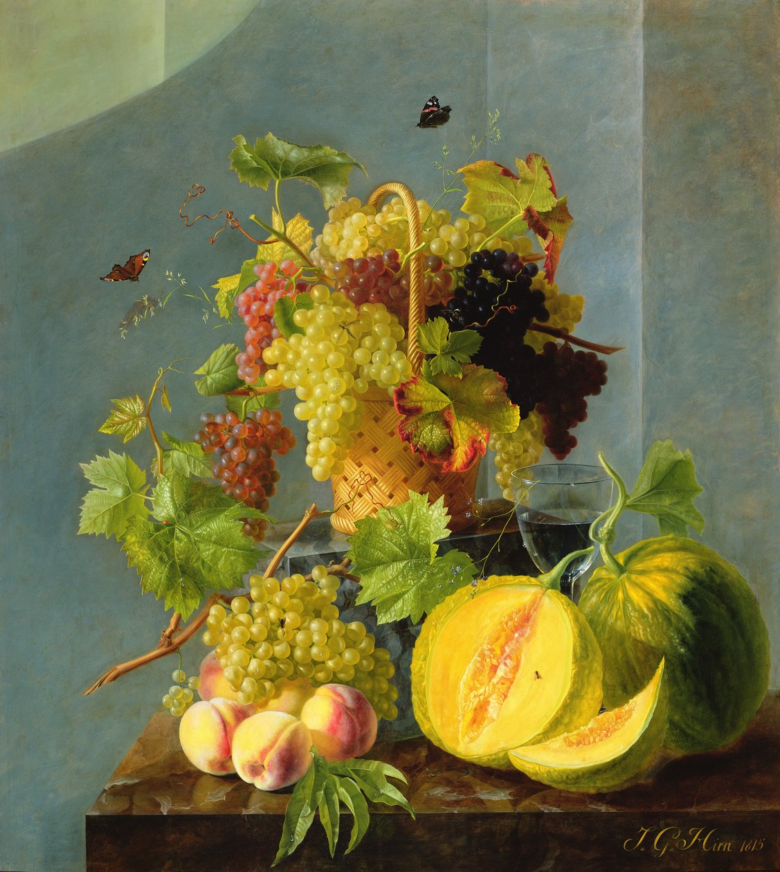 Stilleben med kurv af druer og meloner, 1815 (olie på kobber) af Jean Georges Hirn