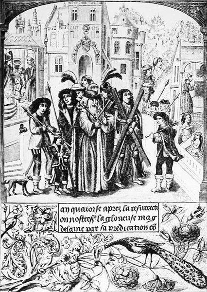 Bourgognekorsets sagnomspundne oprindelse, Etienne, en legendarisk konge af Bourgogne, valfarter til St. Victor af Marseille, til hvem han har båret St. Andreas-korset af taknemmelighed til St. Mary af Jean Georges after Huyot