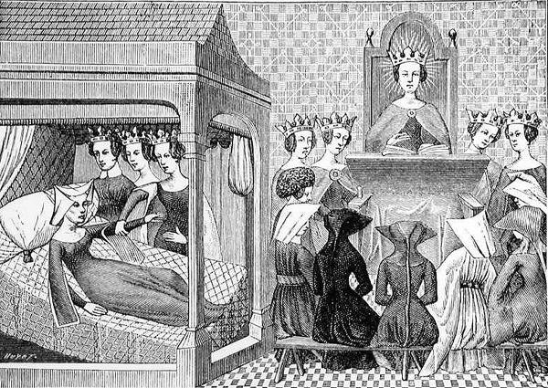 De tre dyder, fornuft, retskaffenhed og retfærdighed, opfordrer Christina de Pisan (ca. 1364-1410) til at skrive en etisk bog til kvinders undervisning, illustration fra videnskab og litteratur i midten af Jean Georges after Huyot
