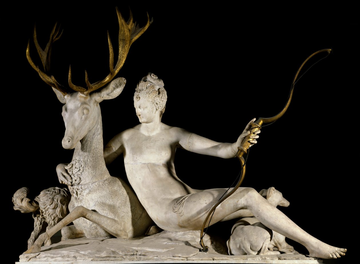 Diane jæger og hjorten Modellen var Diane de Poitiers hertuginde af Valentinois (1499-1566) og planlagt til springvandet på slottet Anet. Skulptur af Jean Goujon (1510-1565) 1500-tallet. Paris, Louvre-museet af Jean Goujon
