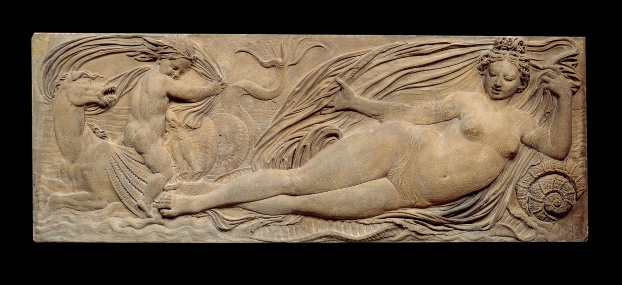 Nymfe og lille genie rider på en marinehest; Nymfe og Triton omgivet af to små ånder. Lav lindring. Stenskulptur af Jean Goujon (1510-1567) af Jean Goujon