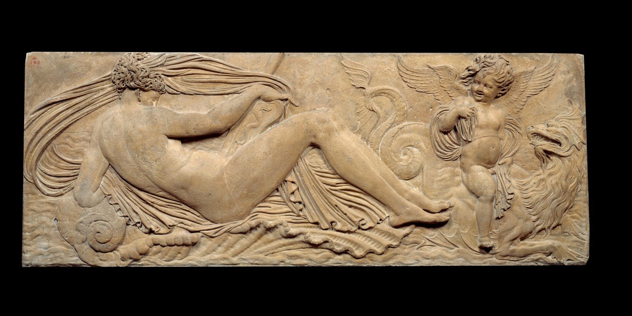 Nymfe og lille genie rider på en marinehest; Nymfe og Triton omgivet af to små ånder. Lav lindring. Stenskulptur af Jean Goujon (1510-1567) af Jean Goujon