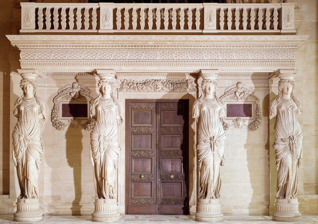 Renæssancearkitektur: Cariatidernes balkon. Stenskulptur af Jean Goujon (1510-1567) Paris fra det 16. århundrede, Louvre-museet af Jean Goujon