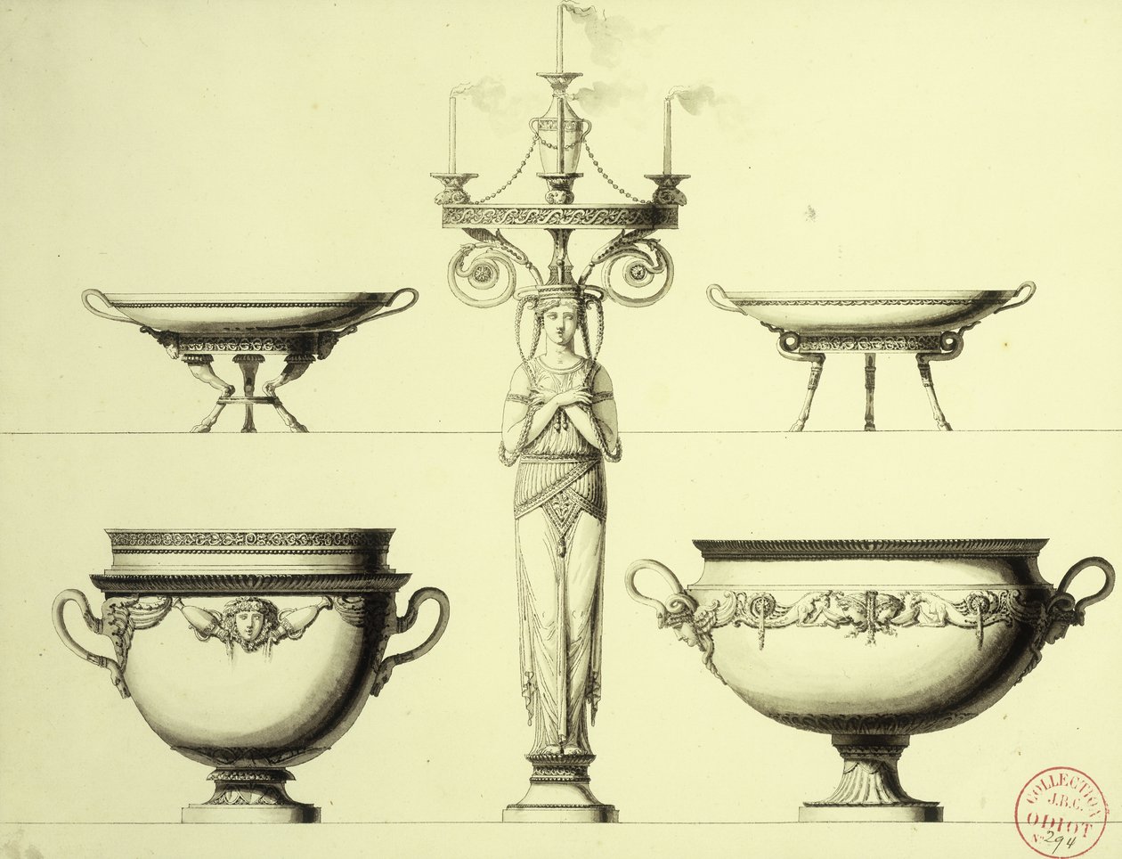 Design til en kandelaber i form af en kvinde, to sølvkopper og to sølvfade af Jean Guillaume Moitte