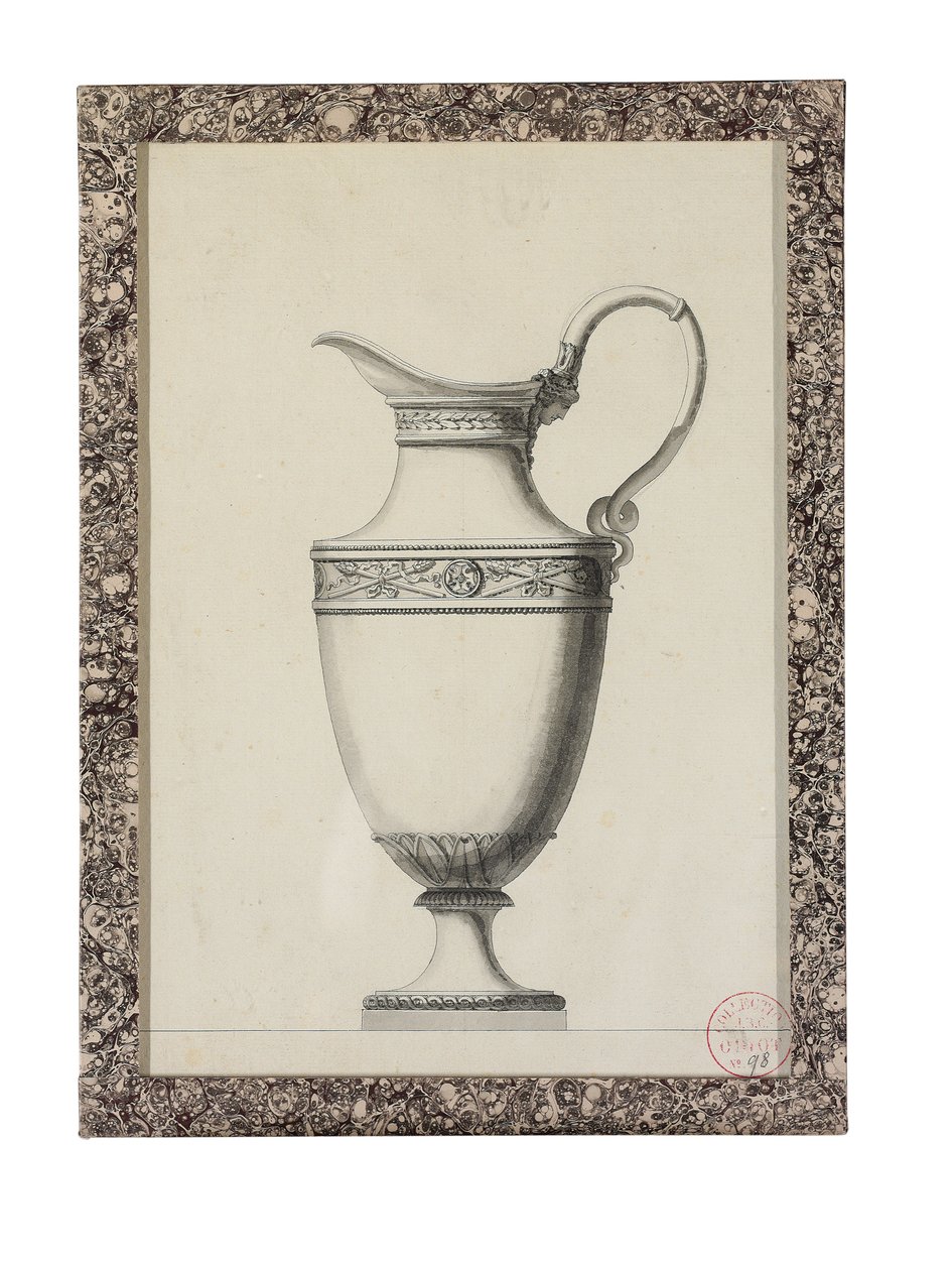 Design til ewer med et græsk maskehåndtag (sort bly, pen og sort blæk, grå og sort vask på papir) af Jean-Guillaume Moitte