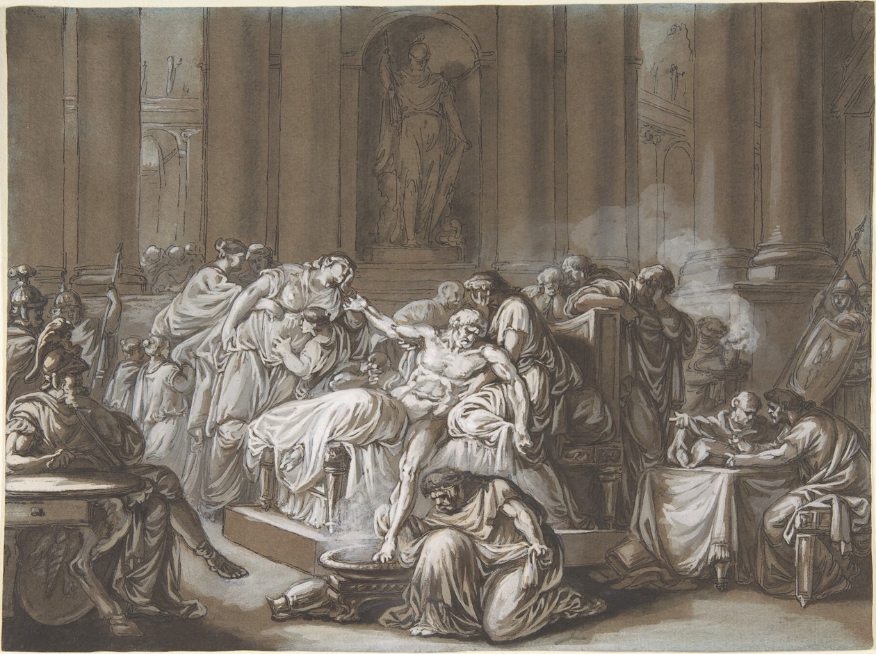 The Death of Seneca (pen & sort blæk, pensel og brun vask, forhøjet med hvid gouache på blåt papir) af Jean Guillaume Moitte