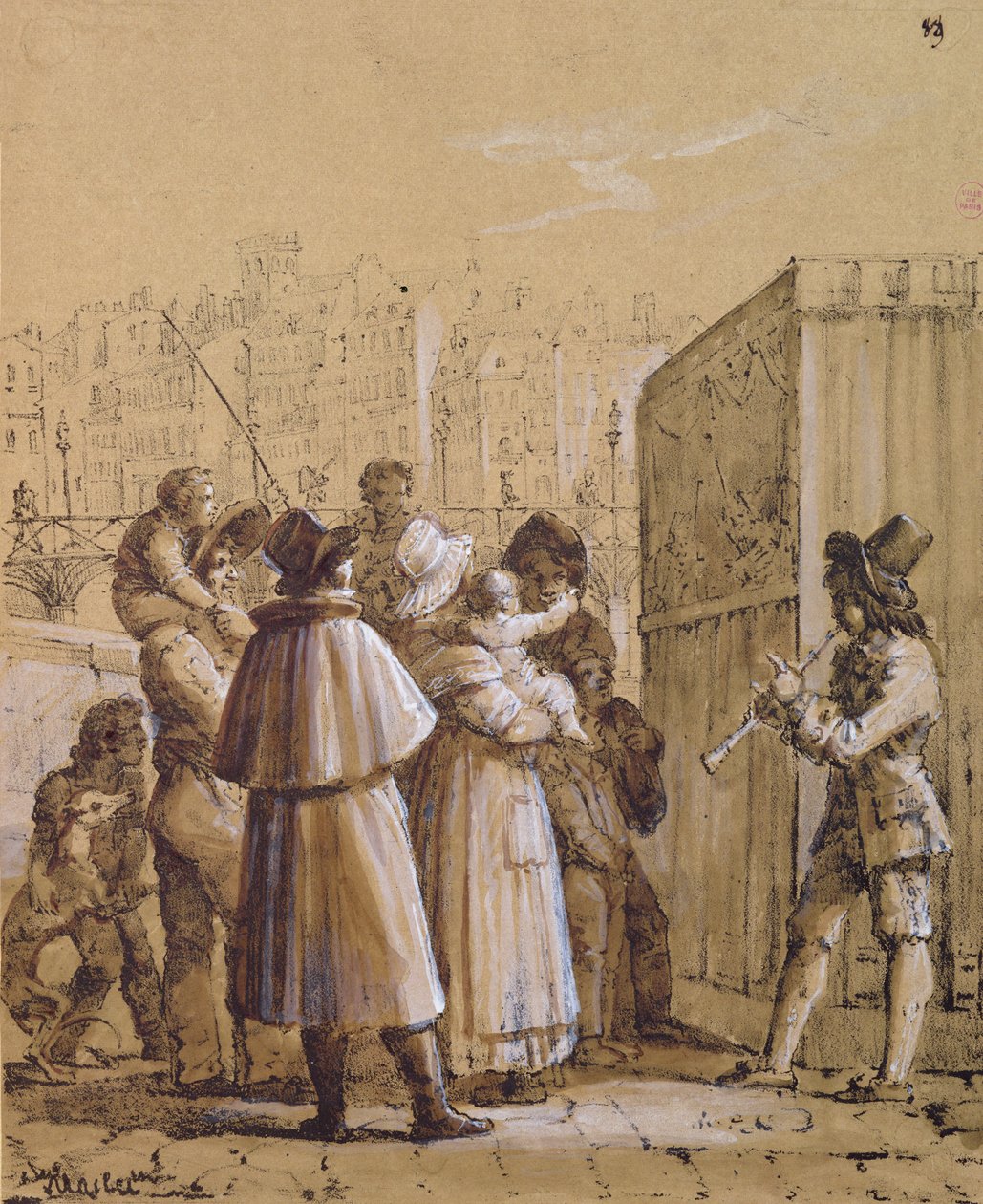 1tilskuere ser et Pulcinella-show nær Pont des Arts i Paris af Jean Henri Marlet