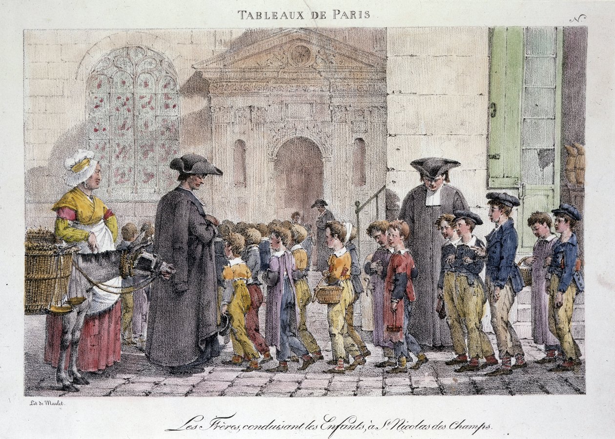 Tidligere gadehandel i Paris: brødrene kører børnene til Saint Nicolas des Champs (Saint-Nicolas-des-Champs), katolsk skole - gravering af Jean Henry Marlet (1771-1847) i "" Les Tableaux de Paris"", serie af 72 tryk, slutningen af ​​1800-tallet af Jean Henri Marlet