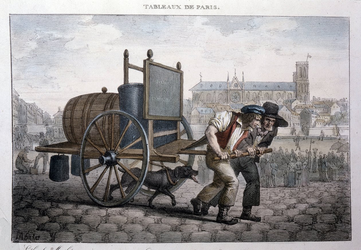 Tidligere gademetier i Paris: bad derhjemme (to mænd trækker en vogn med en tønde fyldt med vand). Indgravering af Jean Henry Marlet (1771-1847) i "" Les Tableaux de Paris"", serie på 72 tryk, slutningen af det 19. århundrede. af Jean Henri Marlet