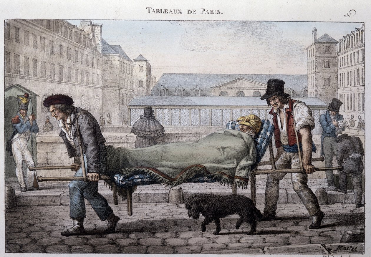 Tidligere gademetier i Paris: den stakkels patient fører til hospitalet ved bårerne. Indgravering af Jean Henry Marlet (1771-1847) i "" Les Tableaux de Paris"", serie på 72 tryk, slutningen af det 19. århundrede. af Jean Henri Marlet