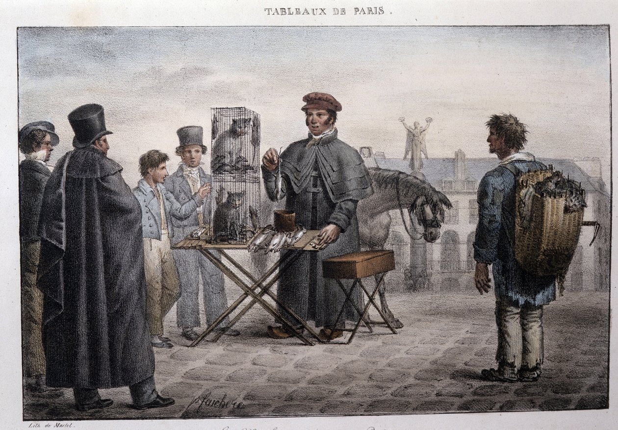 Tidligere gademetier i Paris: rottedødshandleren (camelot). Indgravering af Jean Henri Market (1771-1847) i "" Les Tableaux de Paris"", serie på 72 tryk, slutningen af det 19. århundrede. af Jean Henri Marlet