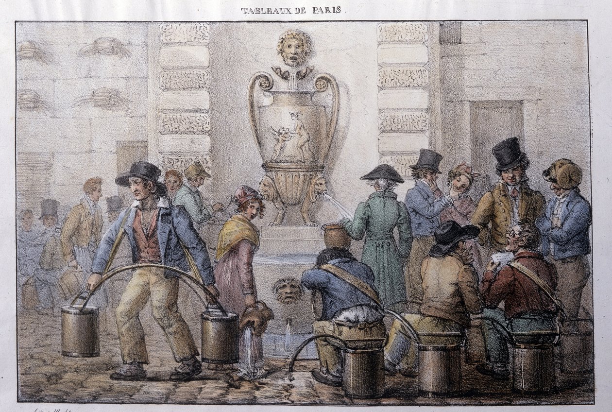 Tidligere gademetier i Paris: vandbeholder foran et springvand. Indgravering af Jean Henry Marlet (1771-1847) i "" Les Tableaux de Paris"", serie på 72 tryk, slutningen af det 19. århundrede. af Jean Henri Marlet