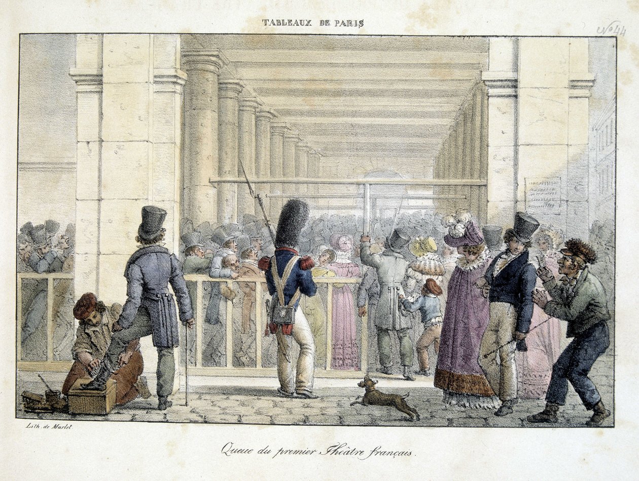 Kø ved Premier Théâtre Français, - litografi ved marked, i "" Tableaux de Paris"" af Jean Henri Marlet