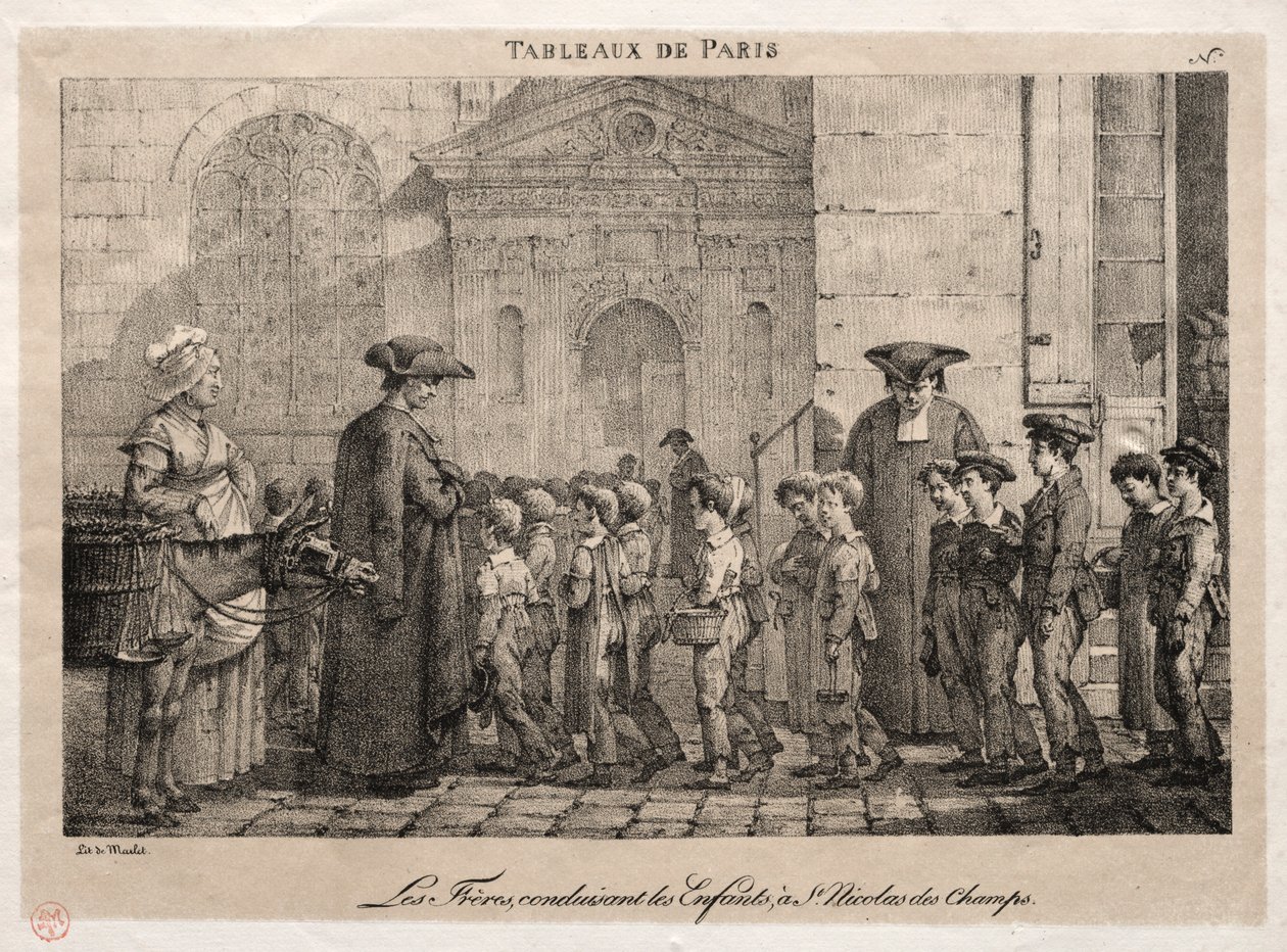 Scener fra Paris: Brødrene dirigerer børnene til St. Nicholas of the Fields. af Jean Henri Marlet