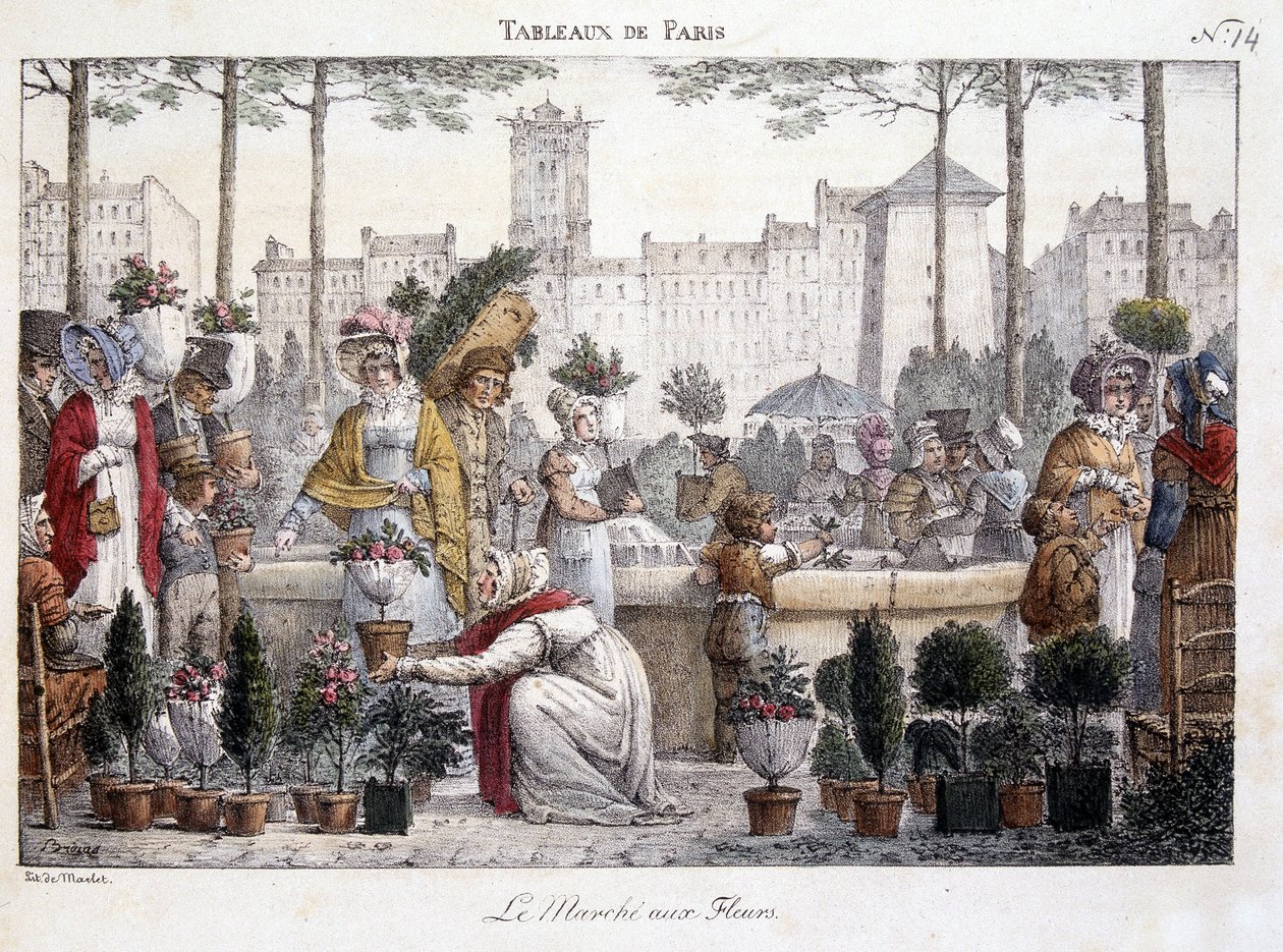 Blomstermarkedet - litografi af Brocas af Jean Henri Marlet