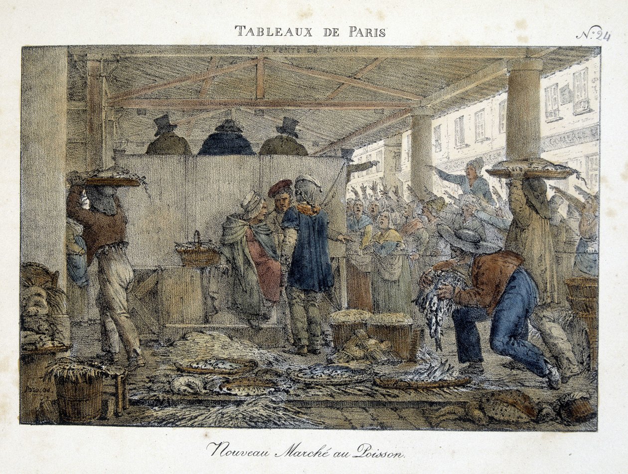 Det nye fiskemarked i Paris - litografi af Brocas af Jean Henri Marlet