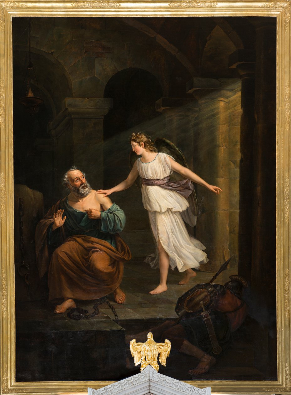 Sognekirke (Nederbrakel, Sognekirke Sint-Pieter-in-de-Banden). Interiør. maleri. "Sankt Peter befriet af englen og Thomas". Jean-Henri DeCoene. Omkring 1835. af Jean Henri de Coene