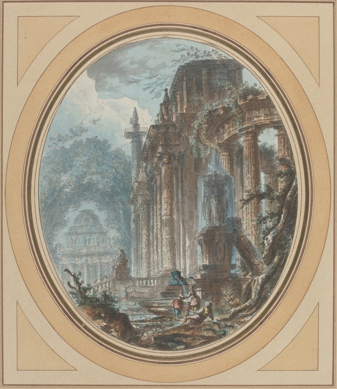 Have Capriccio med antikke ruiner af Jean Henry Alexandre Pernet