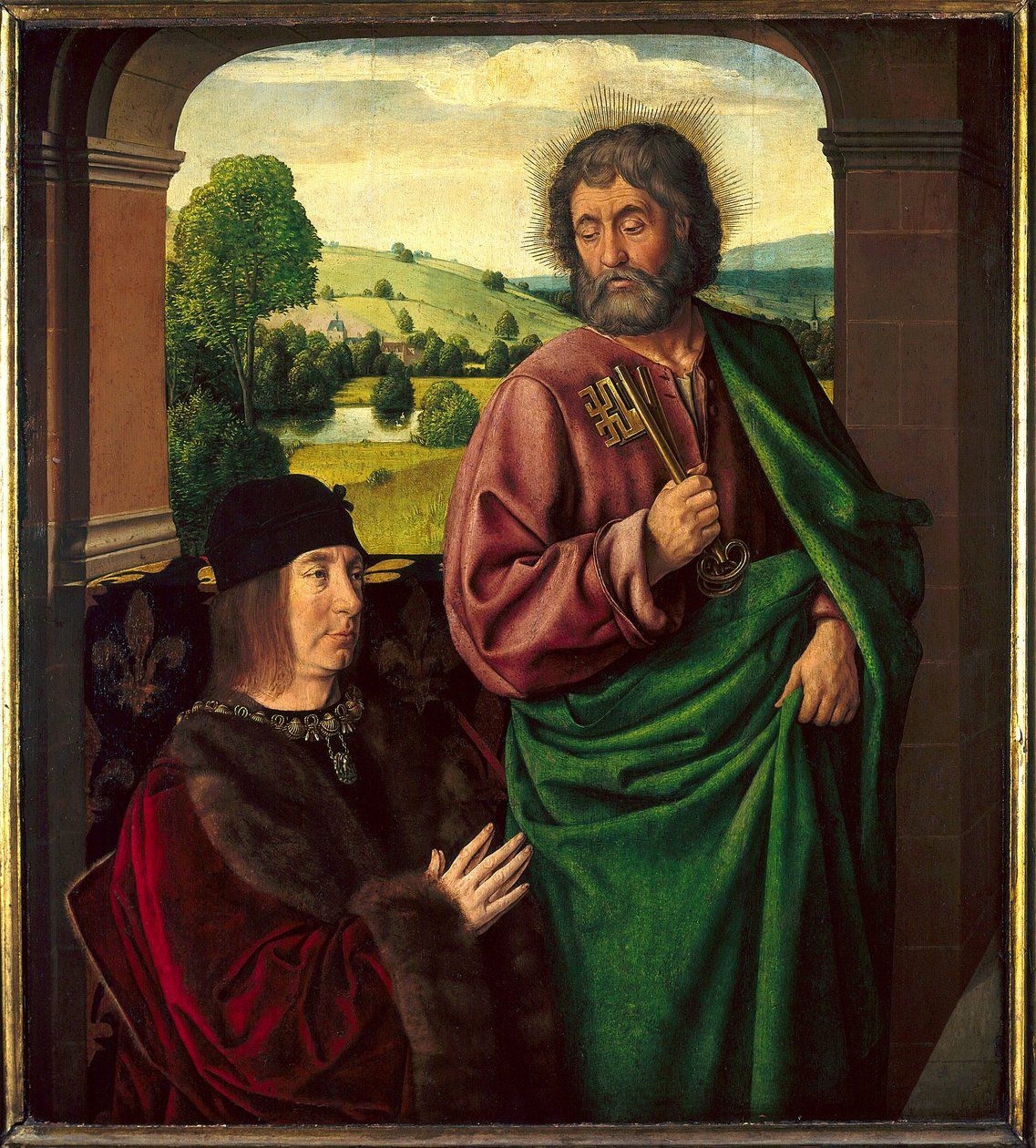 Portræt af Pierre II de Beaujeu, hertug af Bourbon (1439-1505) Præsenteret af Saint Pierre Maleri af Maitre de Moulins eller Jean Hey (1450-1505). Søn 0,73 X 0,65 m af Jean Hey