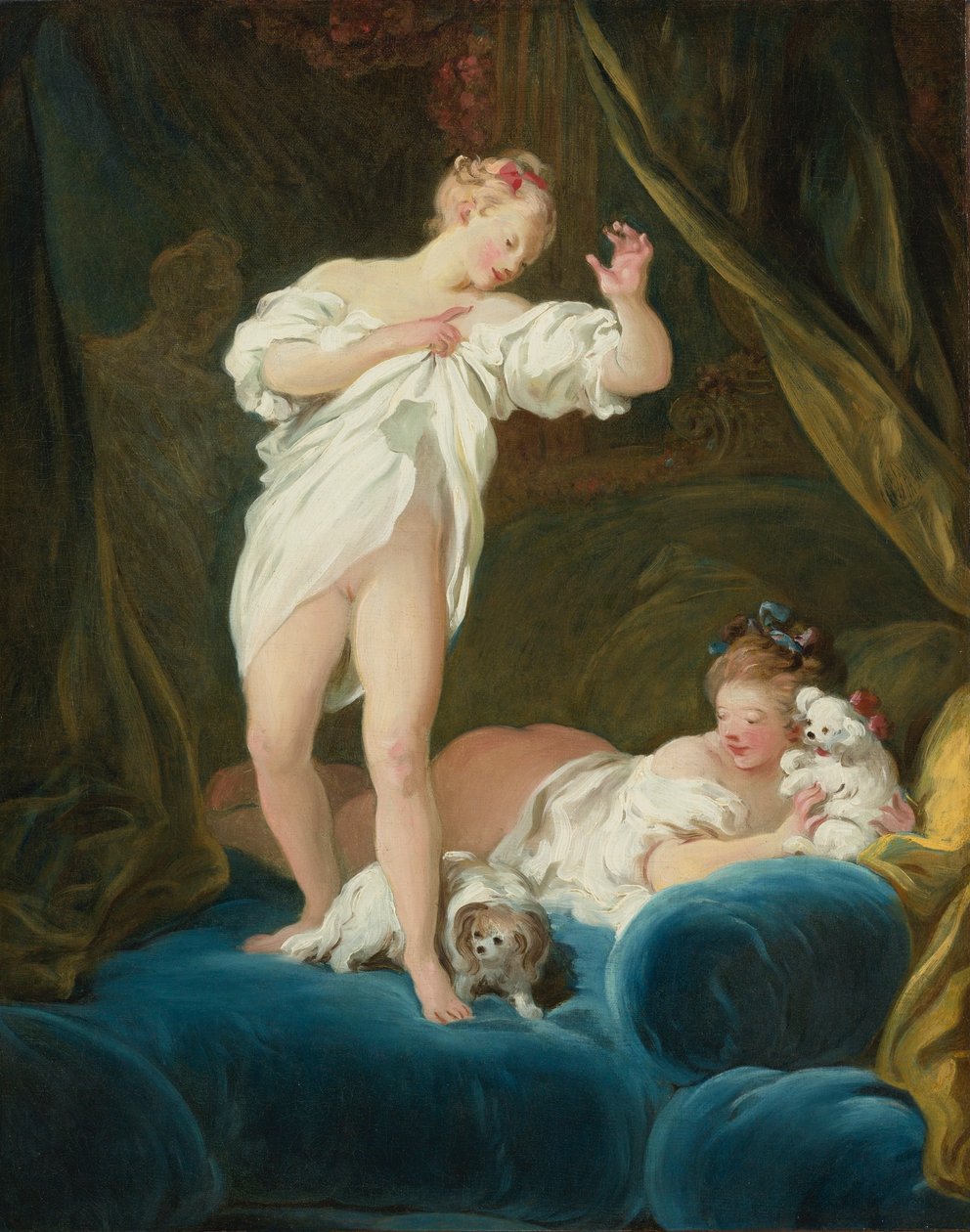 To piger på en seng leger med deres hunde af Jean Honore Fragonard