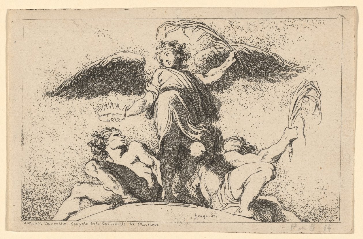 Engel holder en palme og en krone af Jean Honoré Fragonard after Annibale Carracci