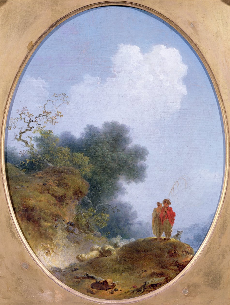 En hyrde, der spiller på fløjte, mens en bondepige lytter, 1765 af Jean Honore Fragonard