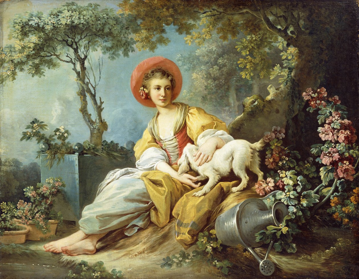 En ung kvinde sidder med en hund og en vandkande i en have, af Jean Honore Fragonard
