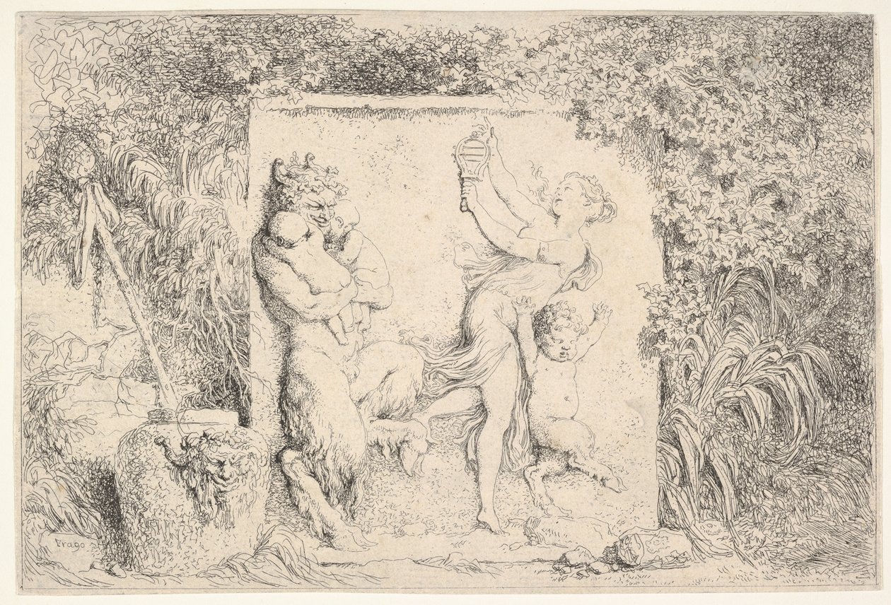 Et basrelief, der forestiller en satyr til venstre med to spædbørn, en anden barnesatyr til højre..., 1763. af Jean Honore Fragonard